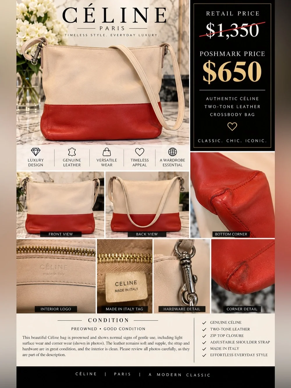 Two-Tone Red & Cream Leather Crossbody Bag